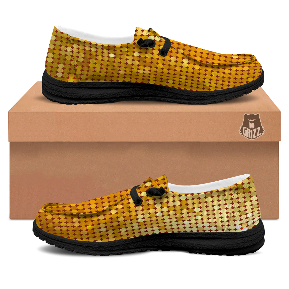 Disco Shiny Golden Texture Print Black Loafers-grizzshop