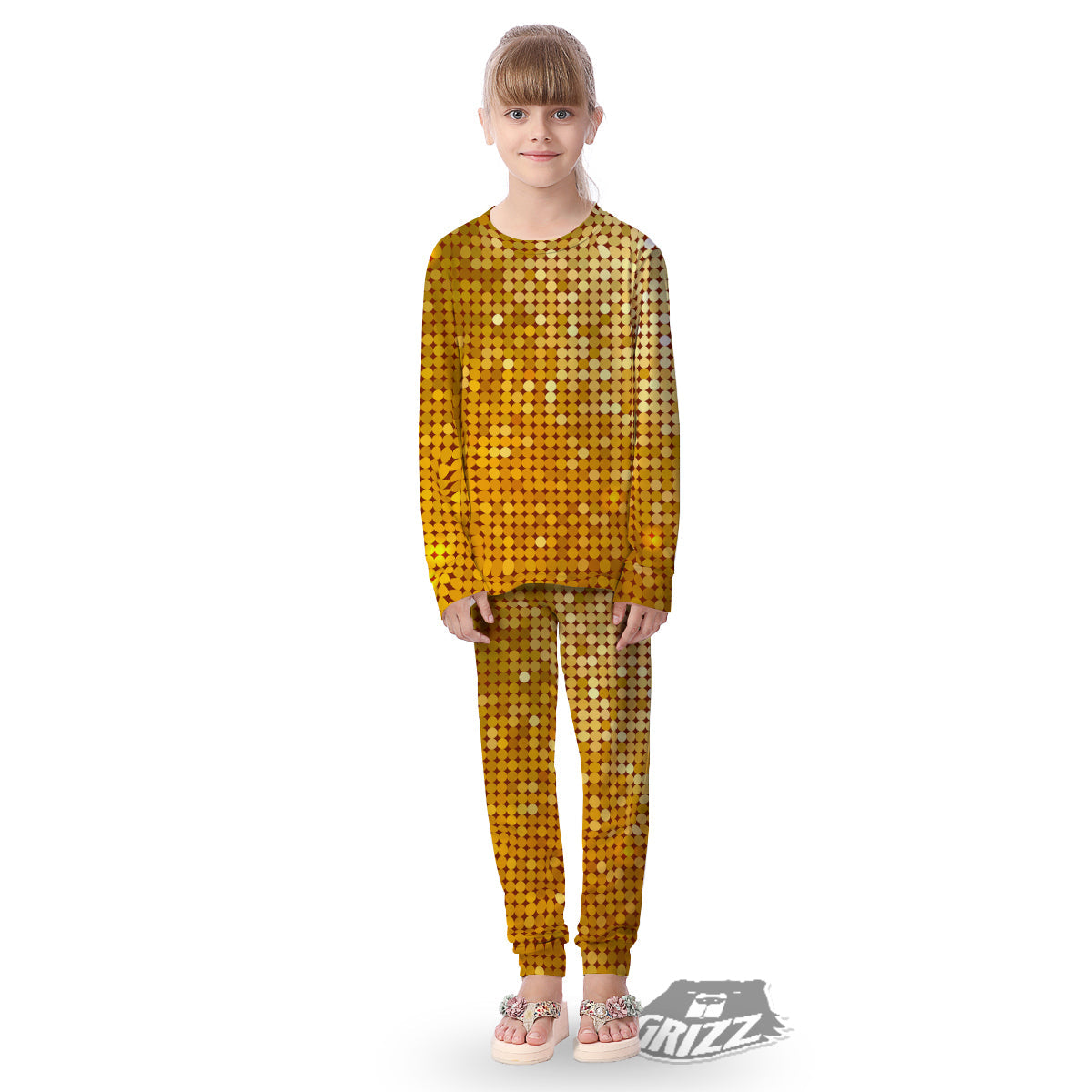 Disco Shiny Golden Texture Print Kid's Pajamas-grizzshop