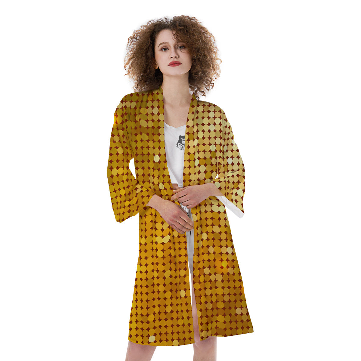 Disco Shiny Golden Texture Print Kimono-grizzshop