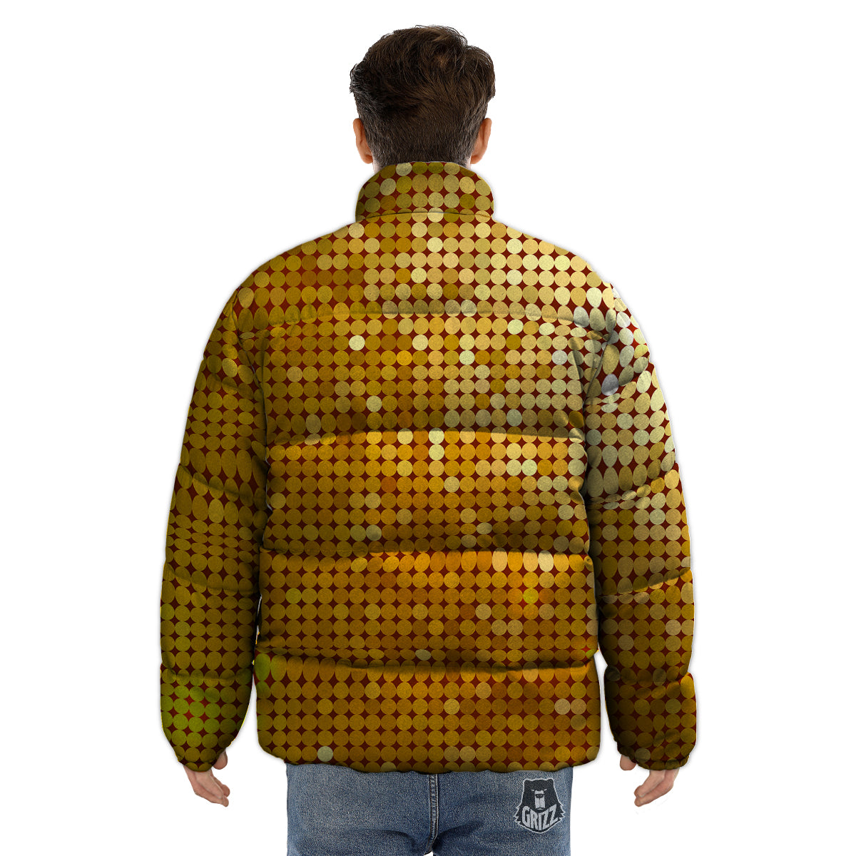 Disco Shiny Golden Texture Print Puffer Jacket-grizzshop