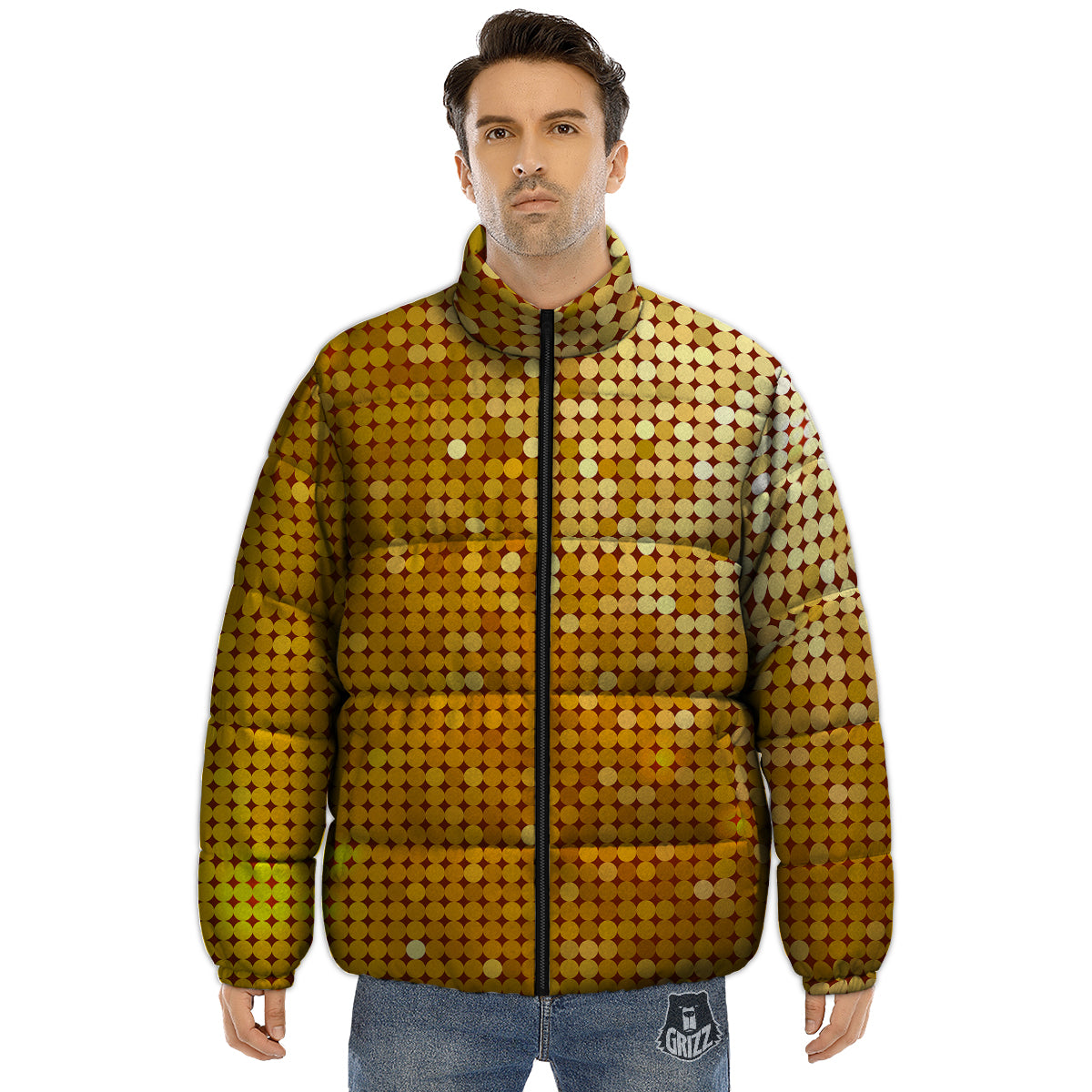 Disco Shiny Golden Texture Print Puffer Jacket-grizzshop