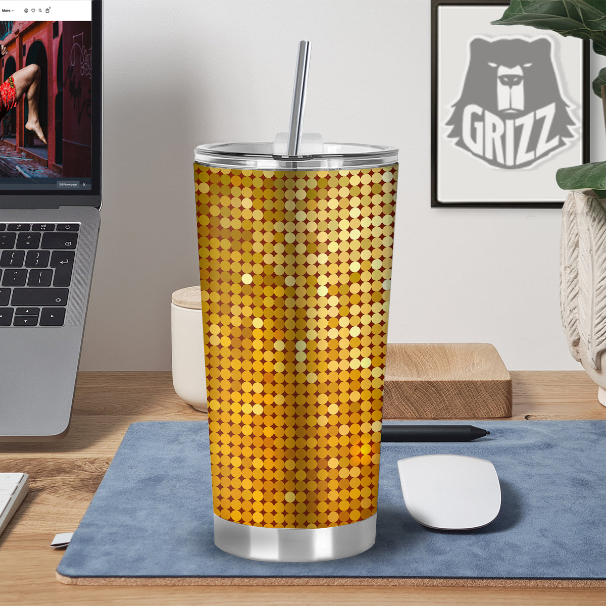 Disco Shiny Golden Texture Print Tumbler-grizzshop
