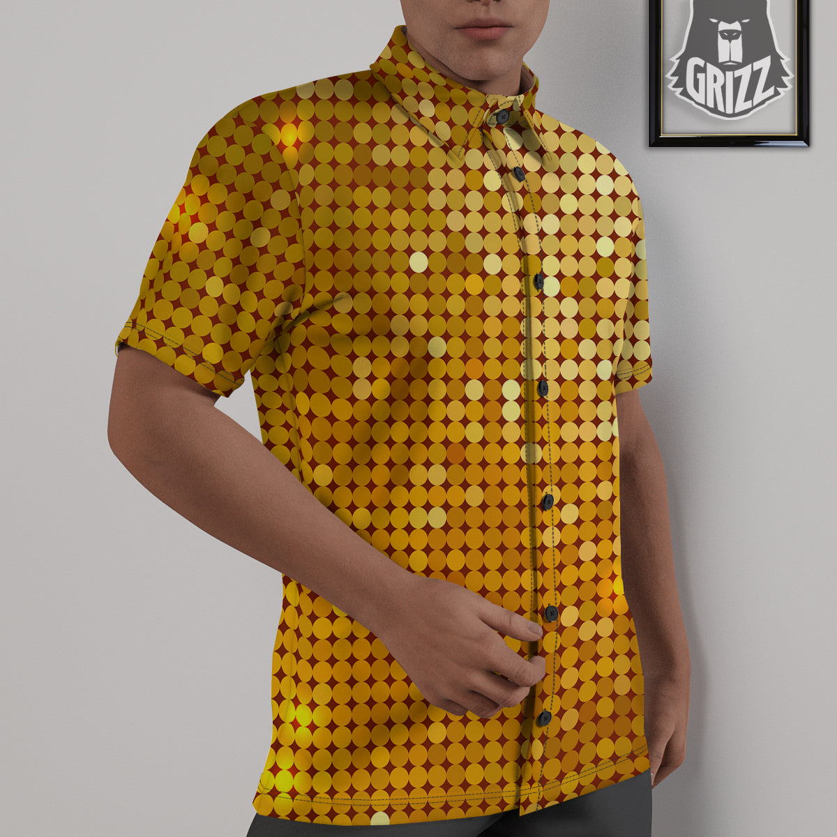 Disco Shiny Golden Texture Print Untucked Shirts-grizzshop