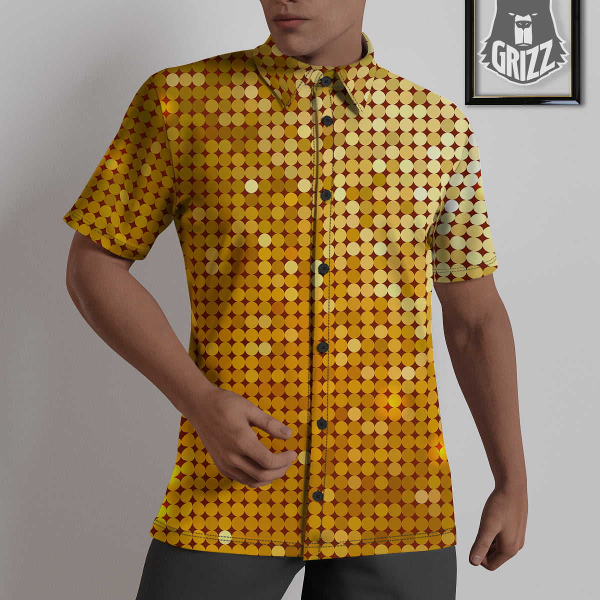 Disco Shiny Golden Texture Print Untucked Shirts-grizzshop