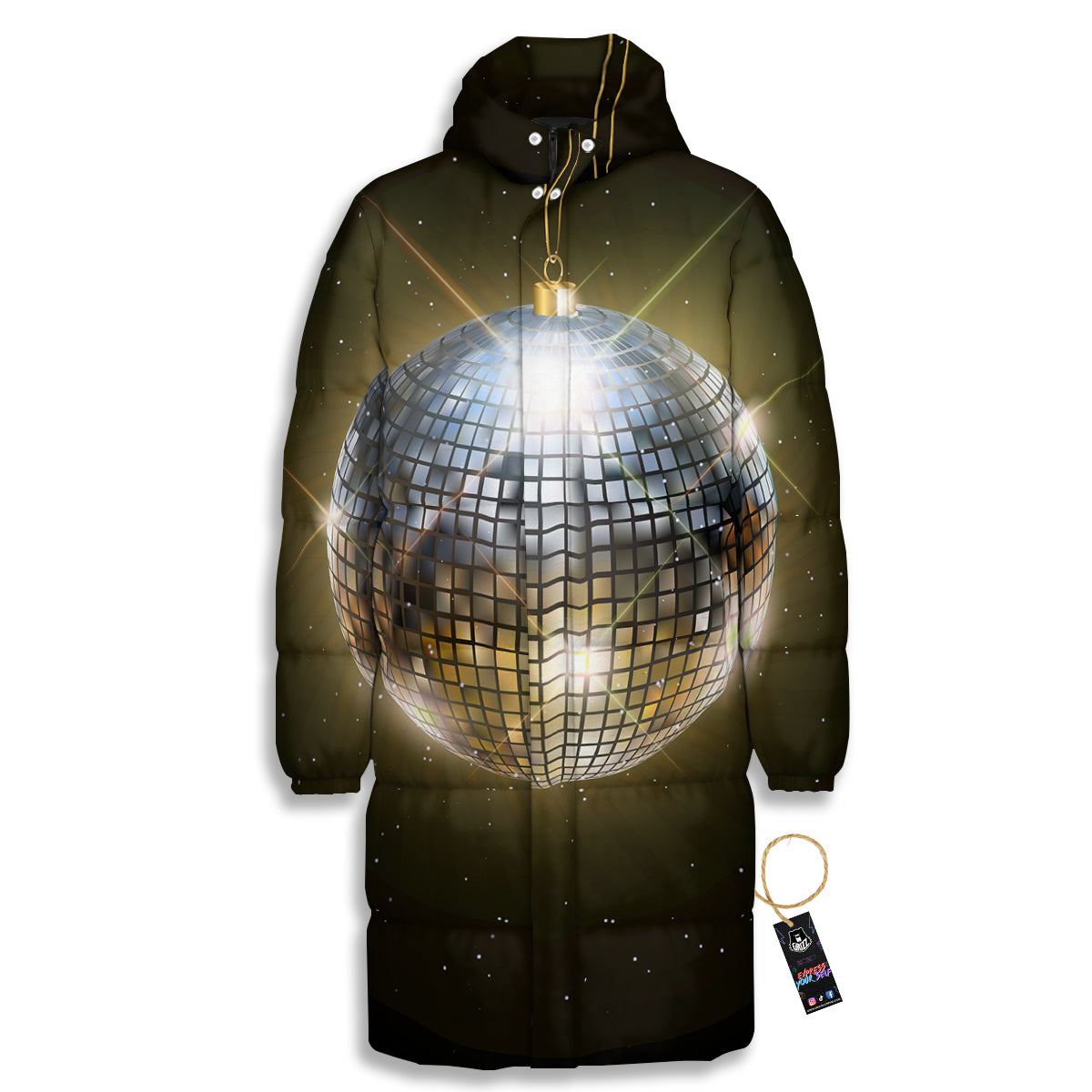 Disco Ball In Night Party Print Long Down Jacket