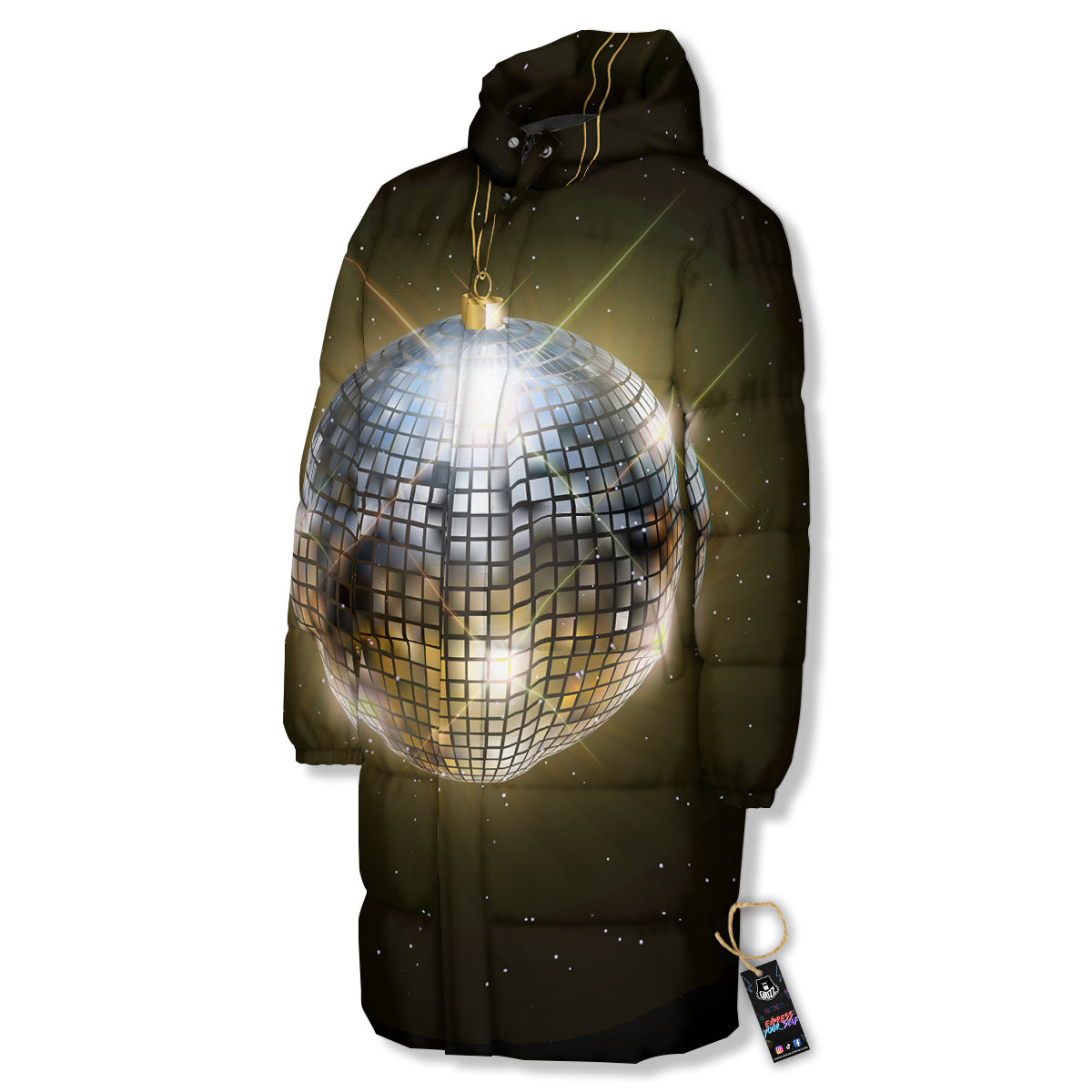 Disco Ball In Night Party Print Long Down Jacket