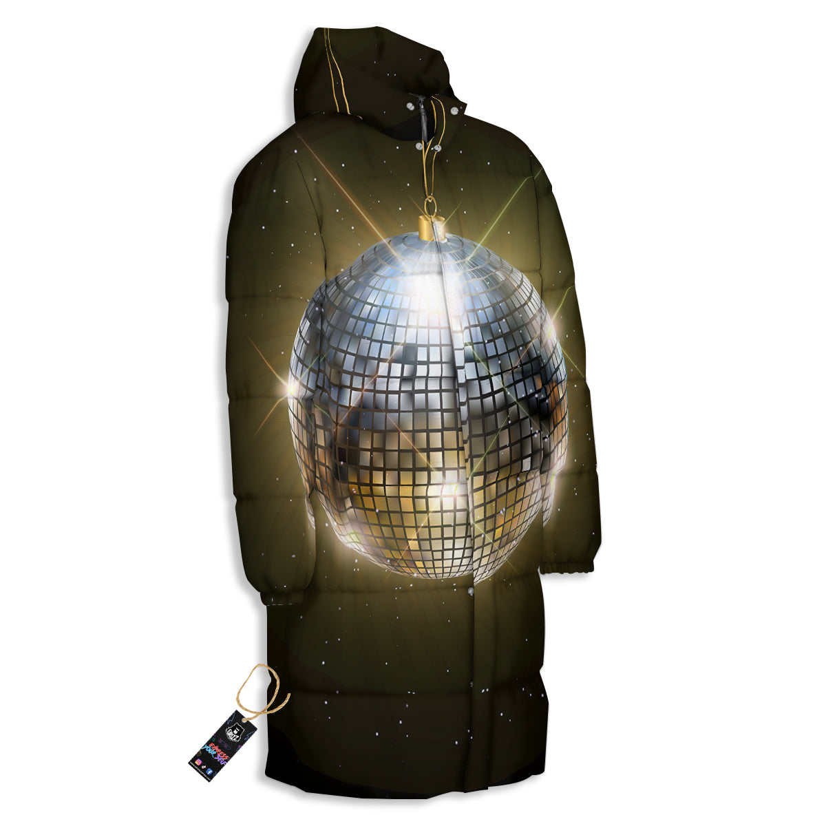 Disco Ball In Night Party Print Long Down Jacket