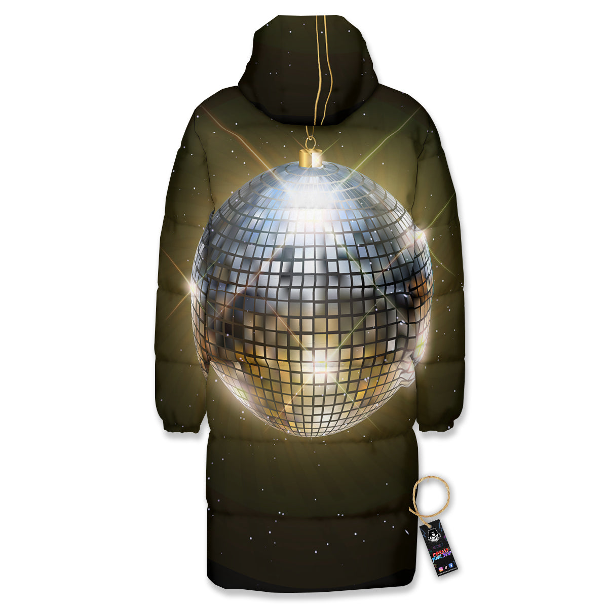 Disco Ball In Night Party Print Long Down Jacket
