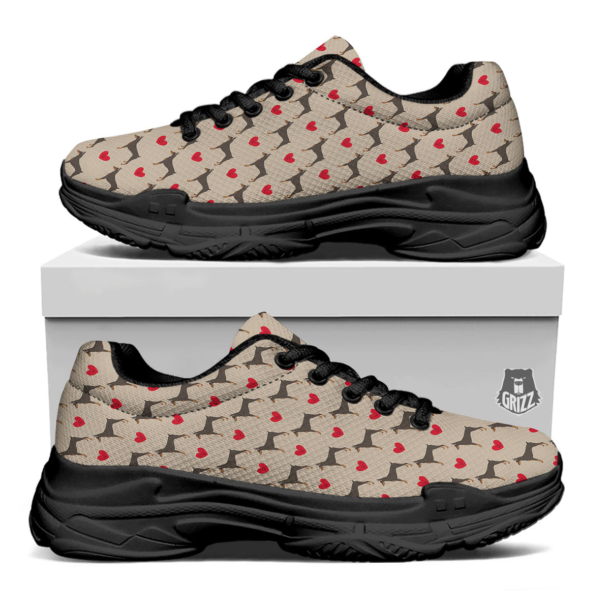 Dobermann Heart Print Pattern Black Chunky Shoes-grizzshop