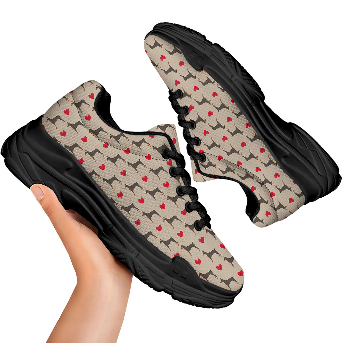 Dobermann Heart Print Pattern Black Chunky Shoes-grizzshop