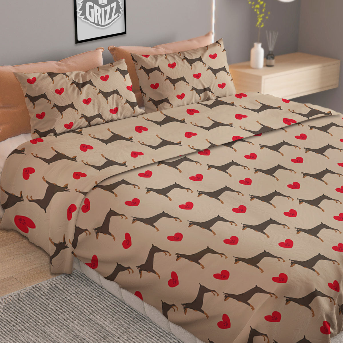 Dobermann Heart Print Pattern Duvet Cover Bedding Set