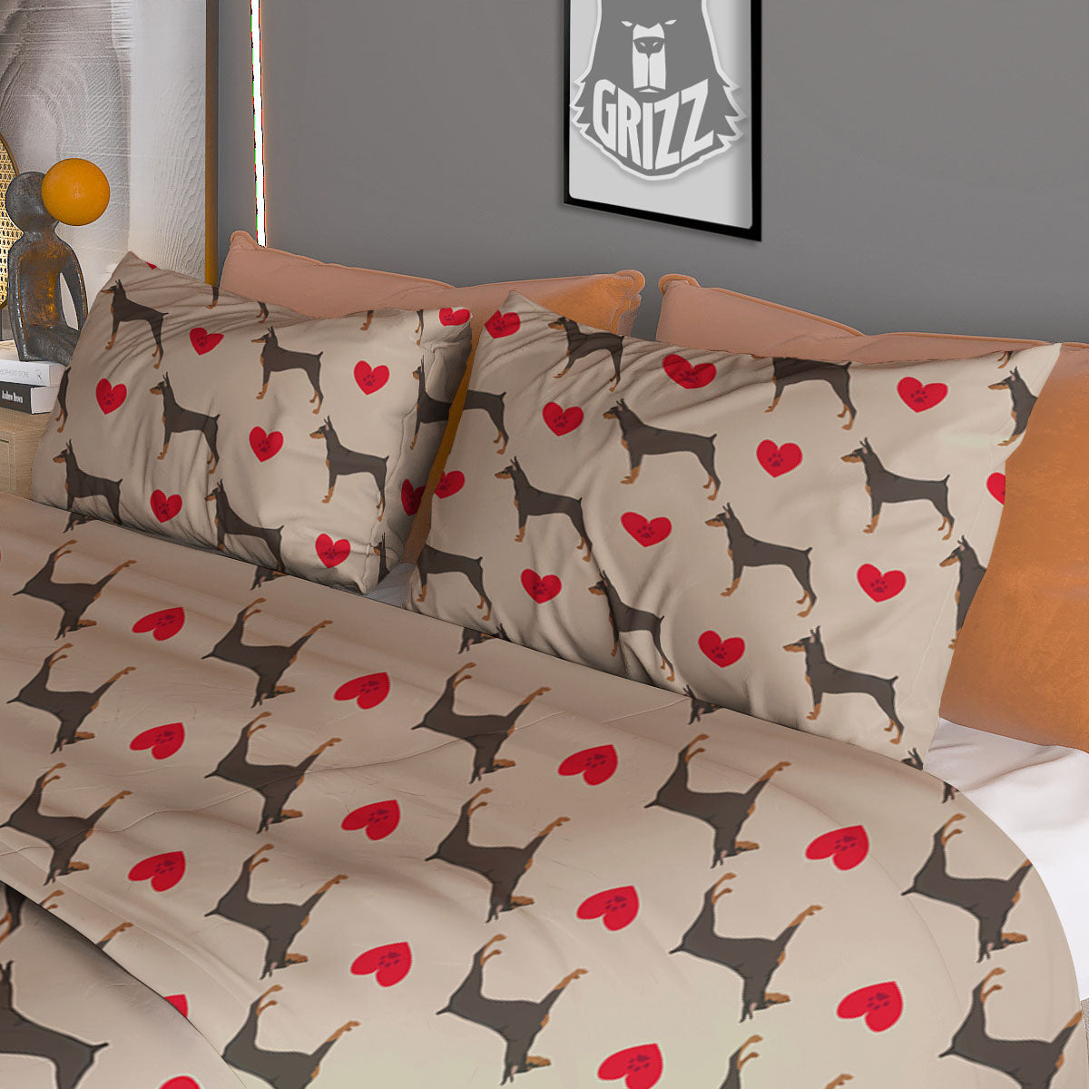 Dobermann Heart Print Pattern Duvet Cover Bedding Set