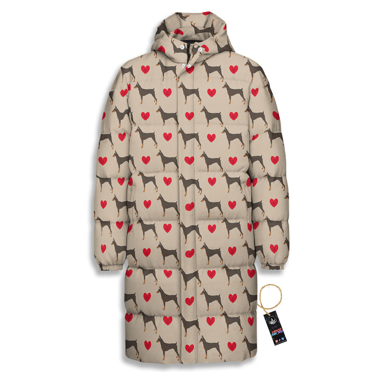 Dobermann Heart Print Pattern Long Down Jacket-grizzshop