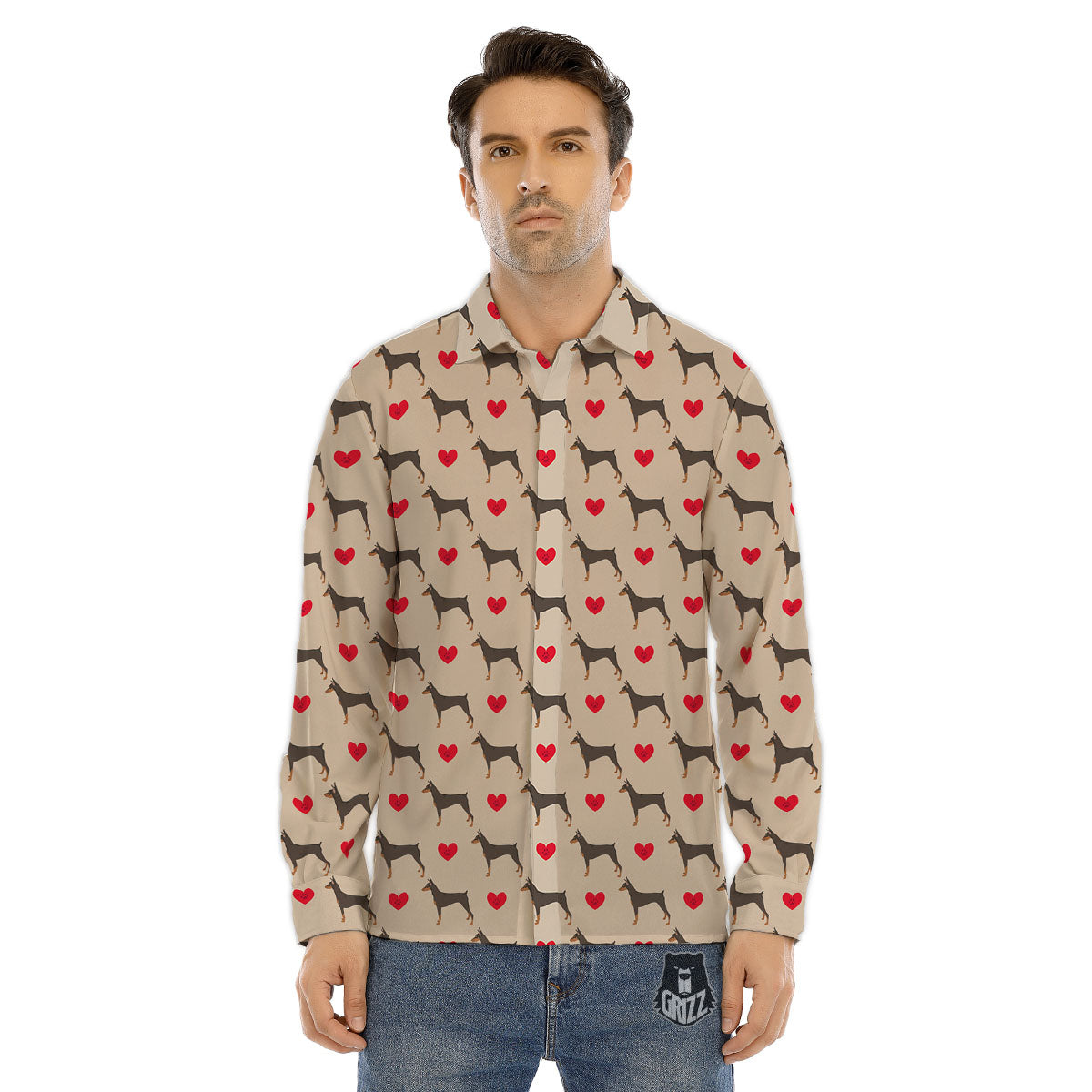 Dobermann Heart Print Pattern Men's Dress Shirts-grizzshop