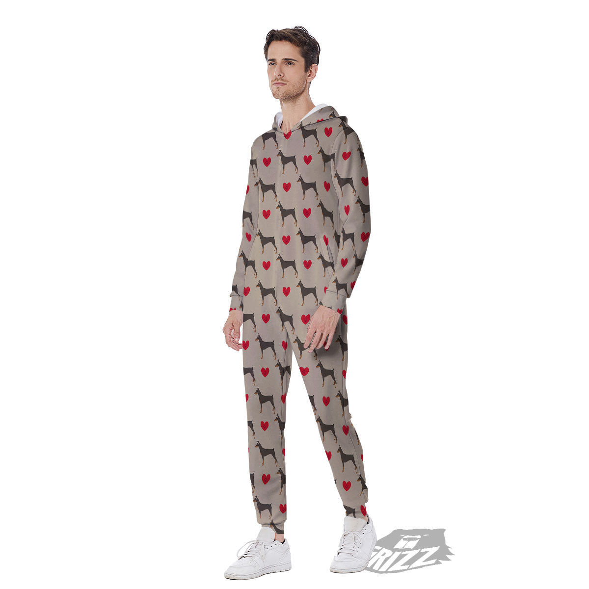 Dobermann Heart Print Pattern Men's Jumpsuit-grizzshop
