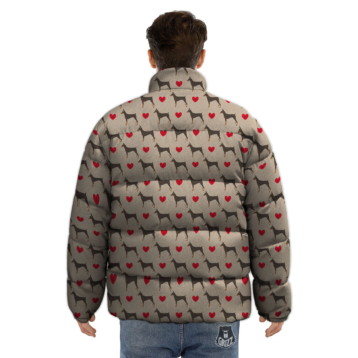 Dobermann Heart Print Pattern Puffer Jacket-grizzshop