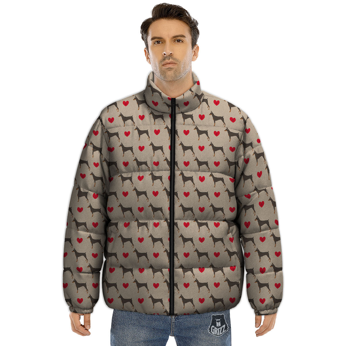 Dobermann Heart Print Pattern Puffer Jacket-grizzshop
