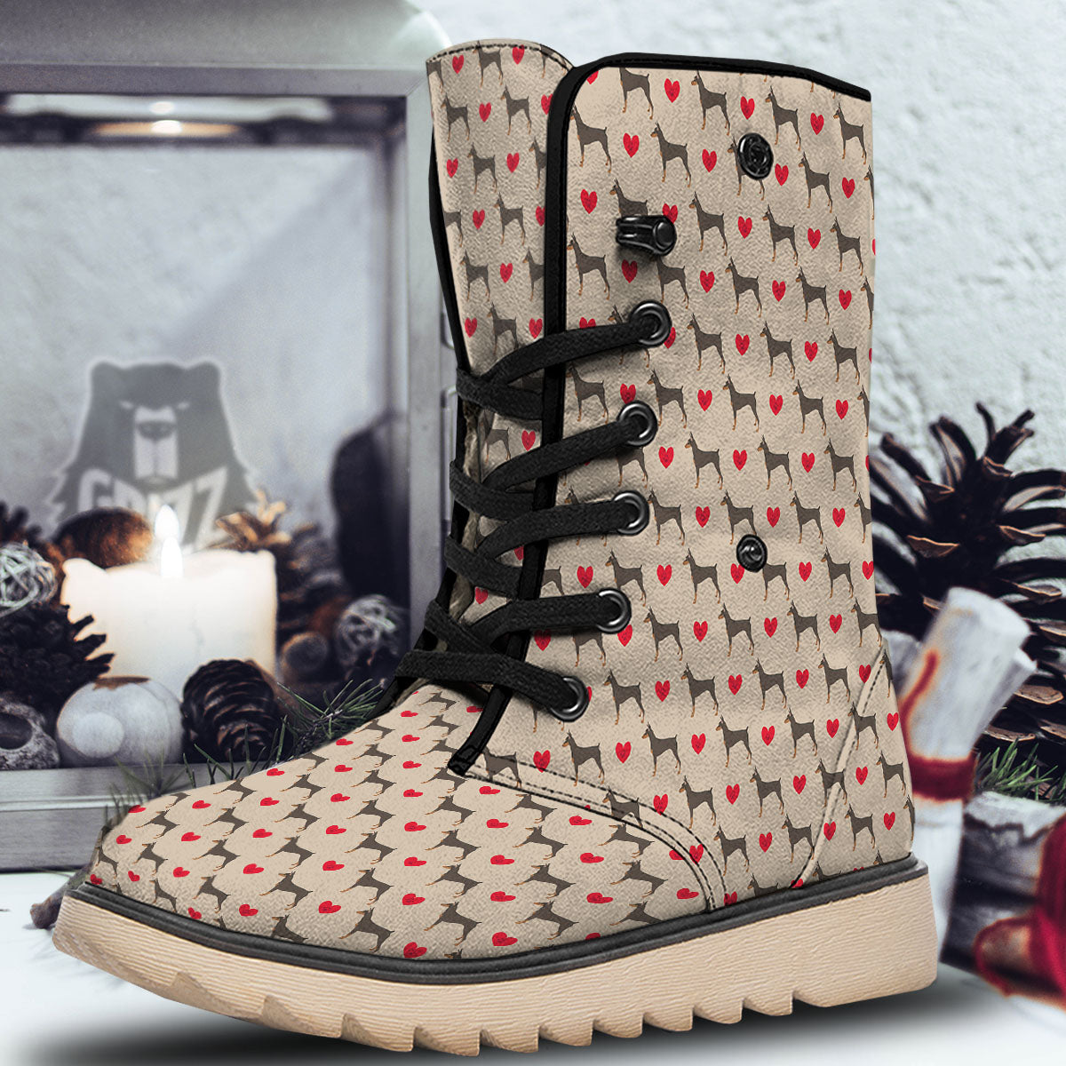 Dobermann Heart Print Pattern Snow Boots-grizzshop