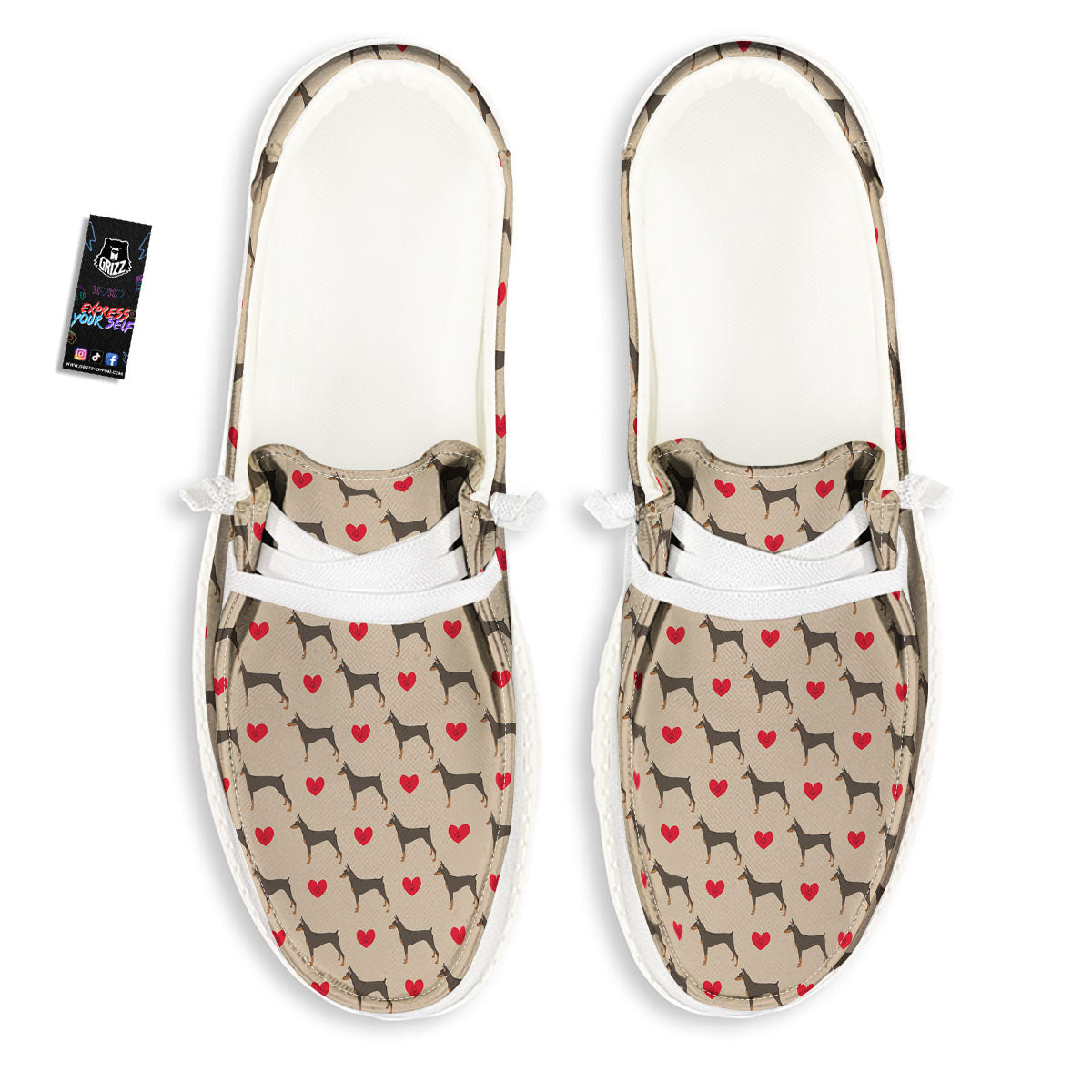 Dobermann Heart Print Pattern White Loafers-grizzshop