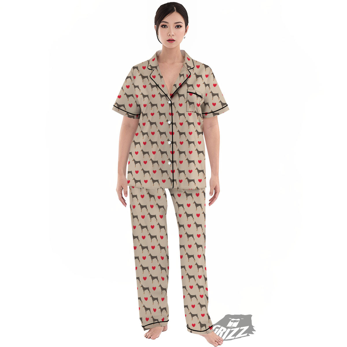 Dobermann Heart Print Pattern Women's Pajamas Set-grizzshop