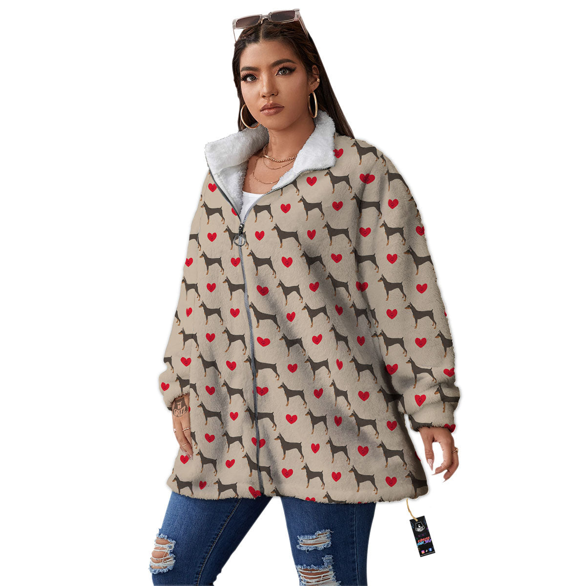 Dobermann Heart Print Pattern Women's Sherpa Jacket-grizzshop
