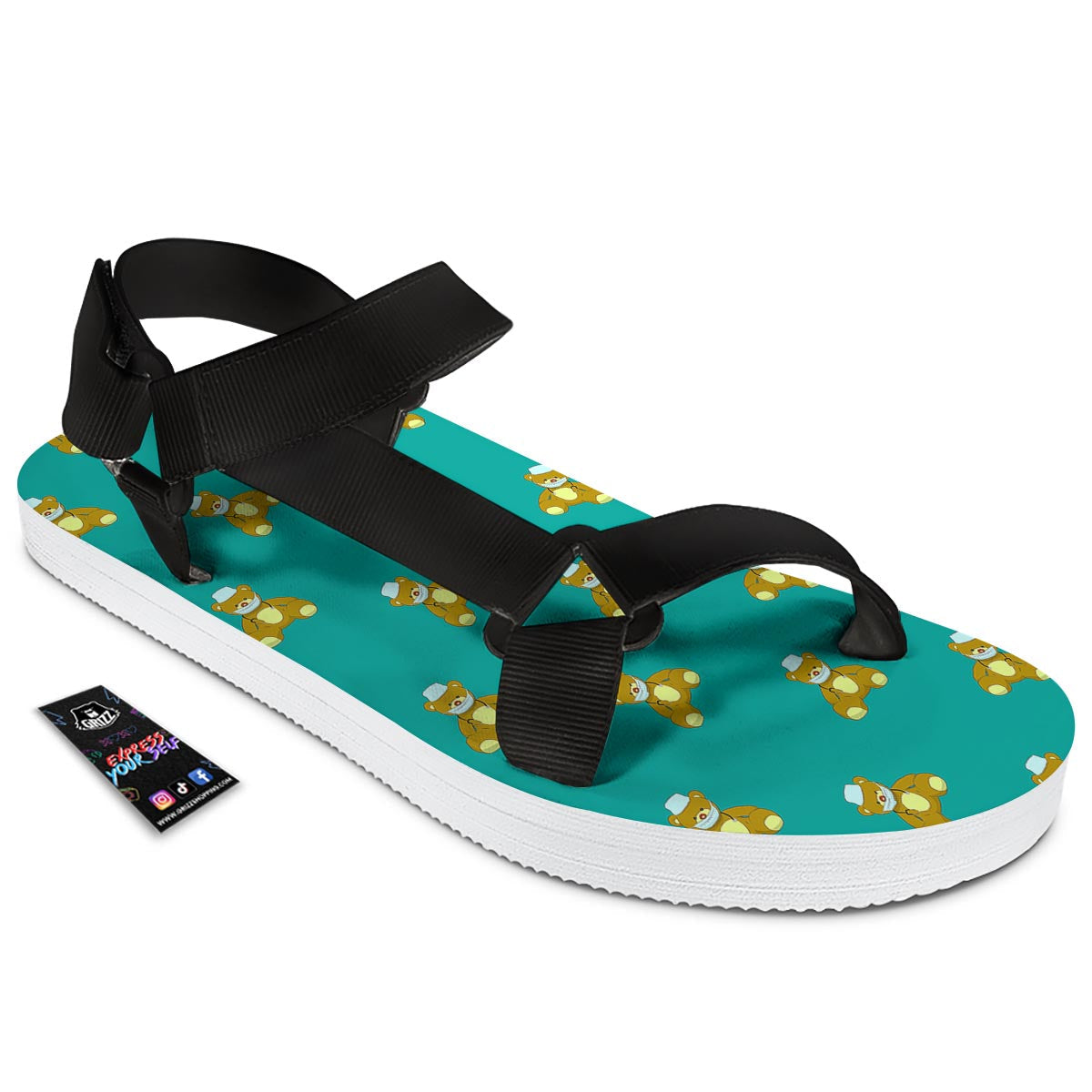 Doctor Teddy Bear Print Pattern Black Open Toe Sandals-grizzshop