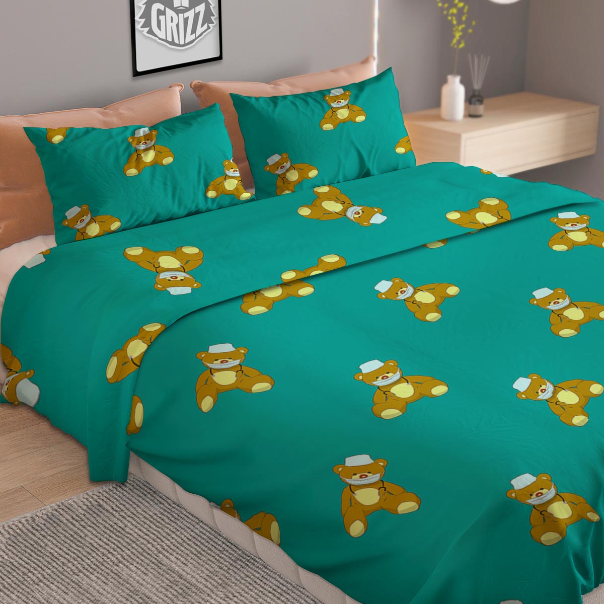 Doctor Teddy Bear Print Pattern Duvet Cover Bedding Set