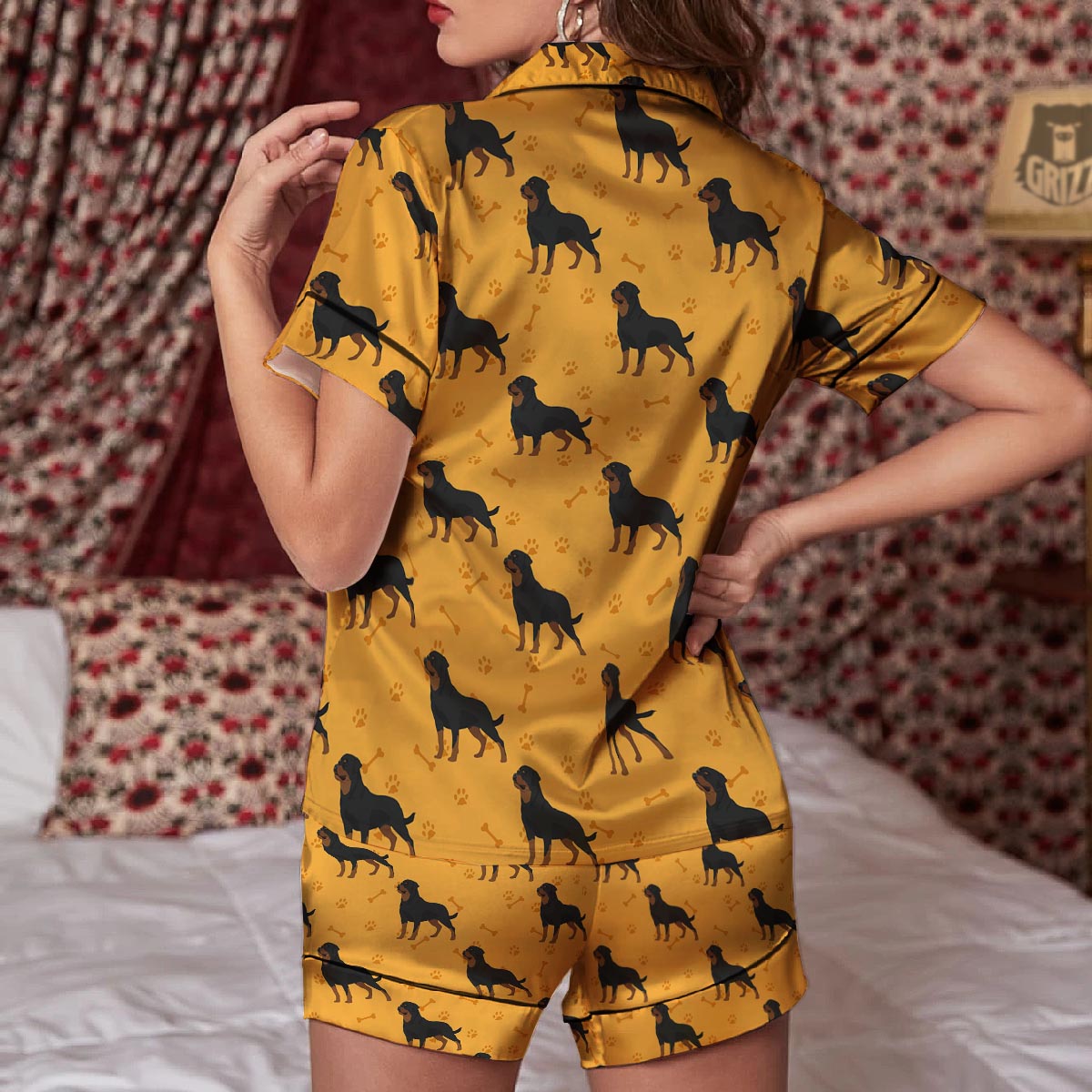 Dog Rottweiler Print Pattern Women Silk Pajamas-grizzshop
