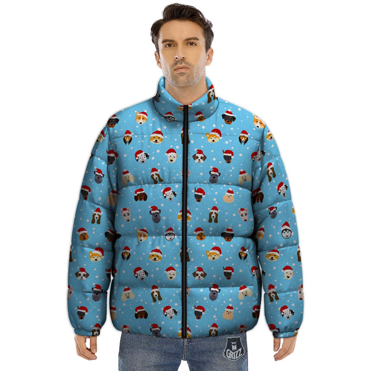 Dog Santa Print Pattern Puffer Jacket-grizzshop