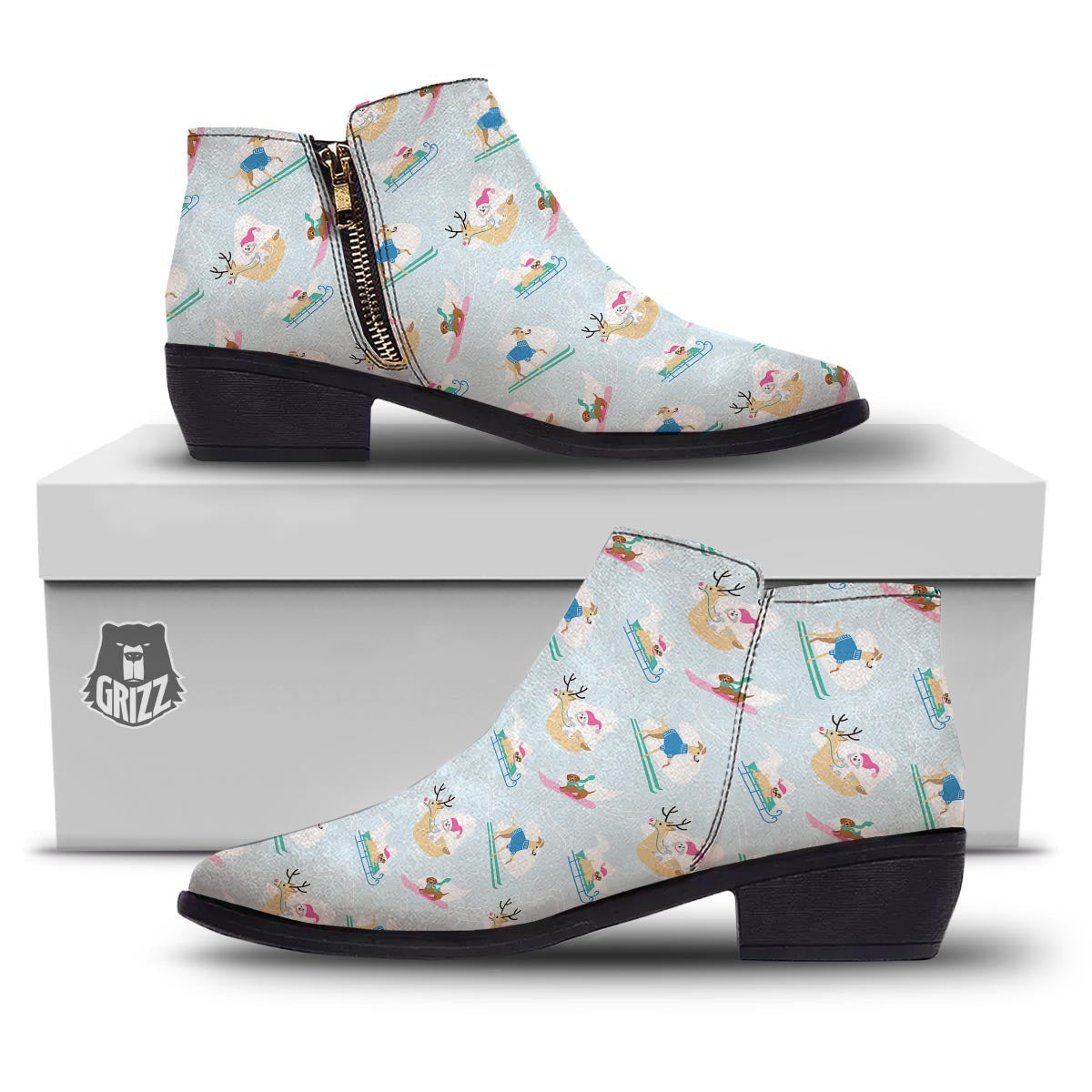 Dog Skiing Print Pattern Ankle Boots-grizzshop