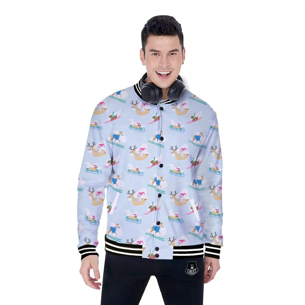 Dog Skiing Print Pattern Baseball Jacket-grizzshop