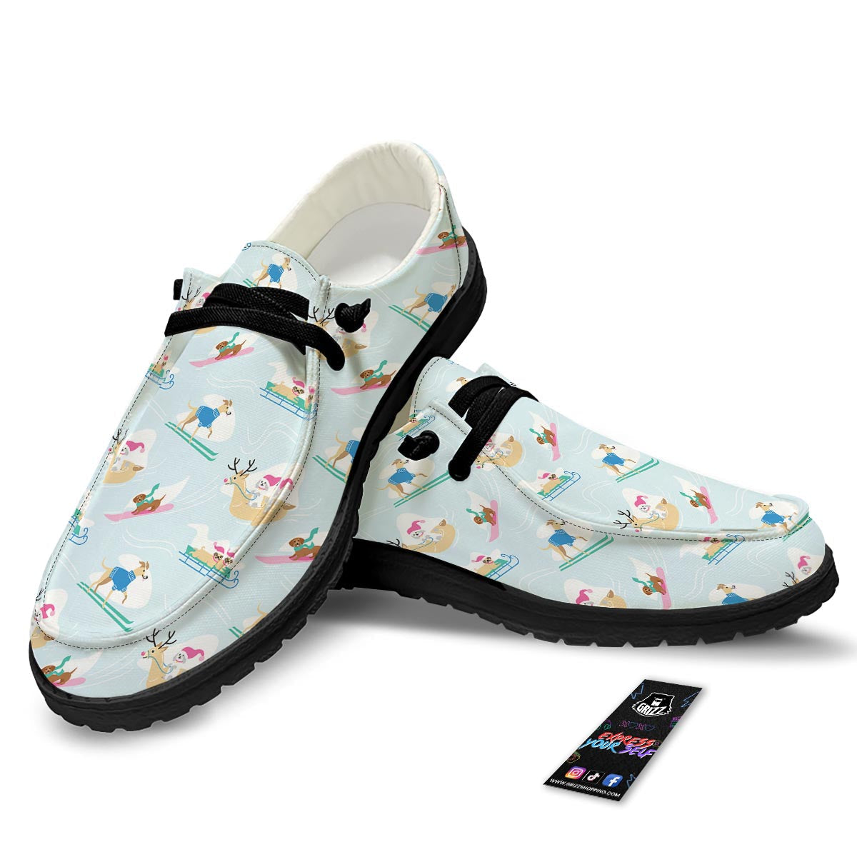 Dog Skiing Print Pattern Black Loafers-grizzshop