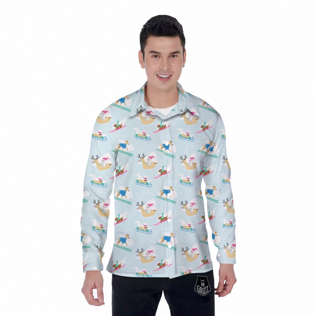 Dog Skiing Print Pattern Men's Long Sleeve Shirts-grizzshop