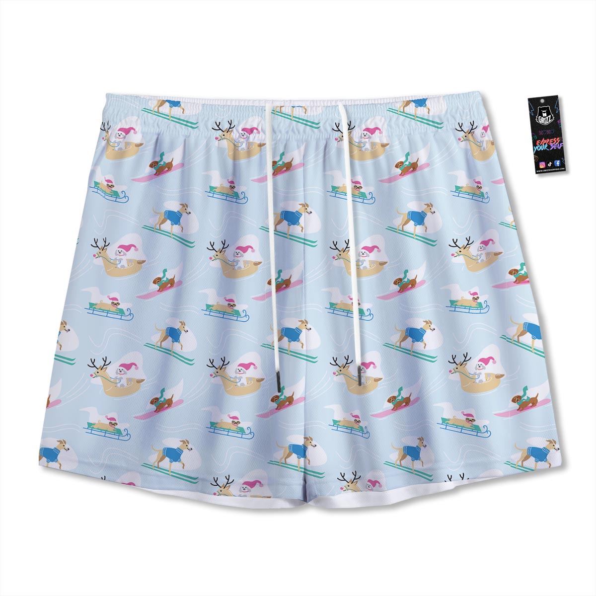 Dog Skiing Print Pattern Mesh Shorts