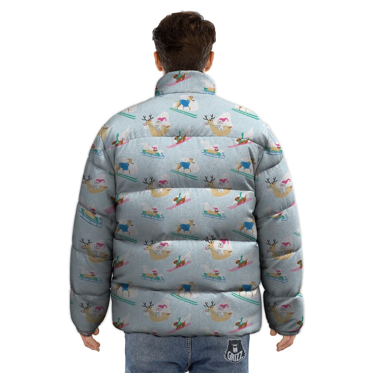 Dog Skiing Print Pattern Puffer Jacket-grizzshop