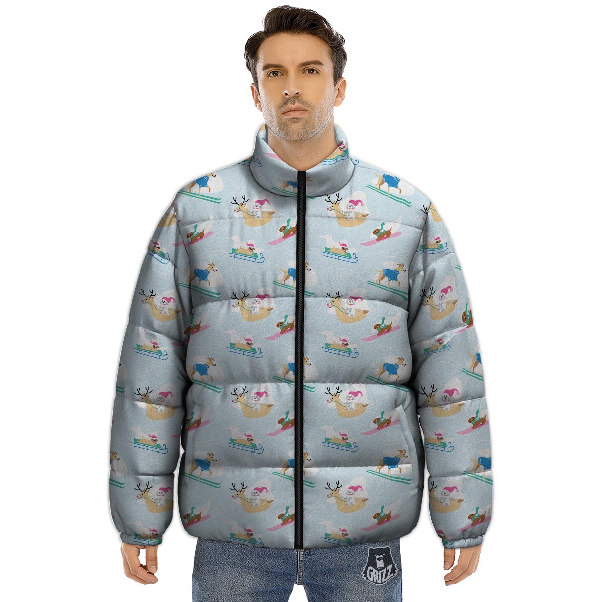 Dog Skiing Print Pattern Puffer Jacket-grizzshop