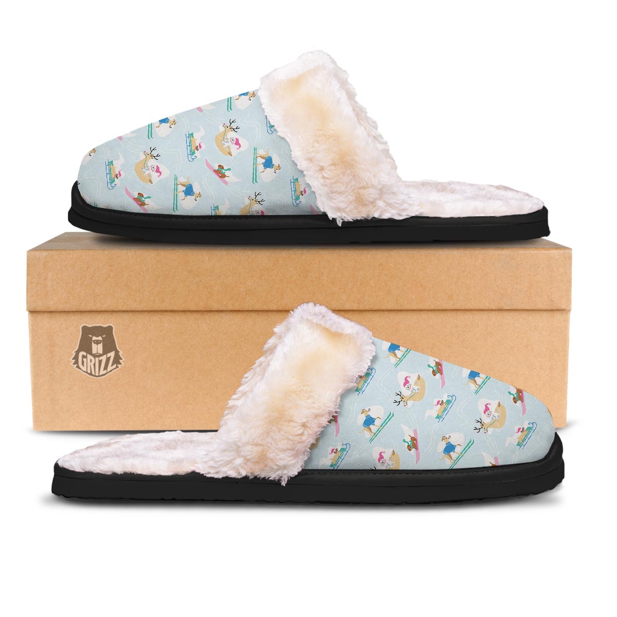 Dog Skiing Print Pattern Slippers-grizzshop