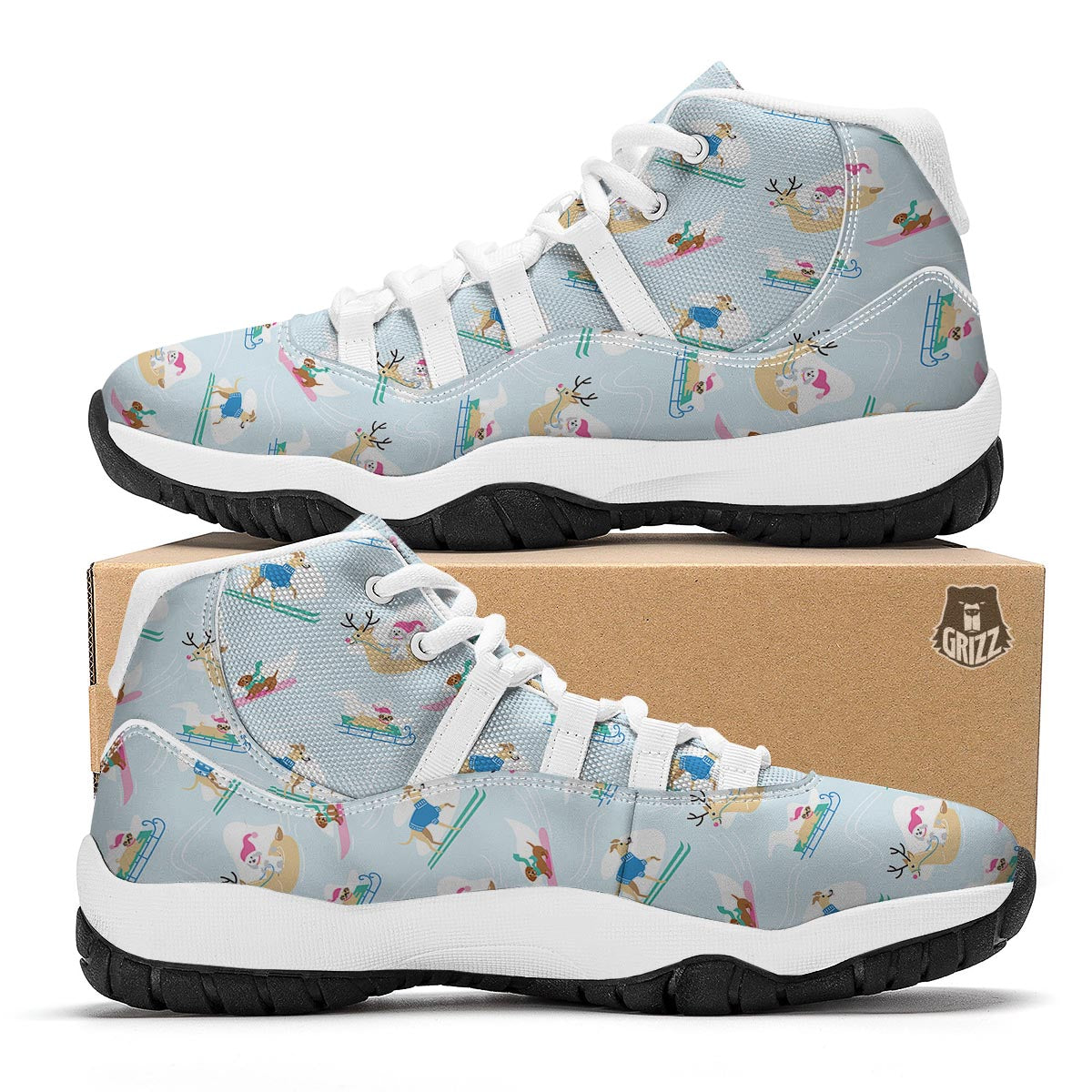 Dog Skiing Print Pattern White Bball Shoes-grizzshop