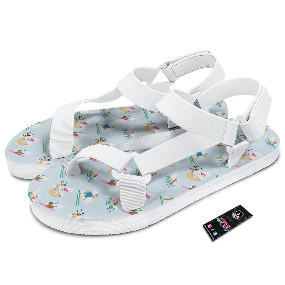 Dog Skiing Print Pattern White Open Toe Sandals-grizzshop