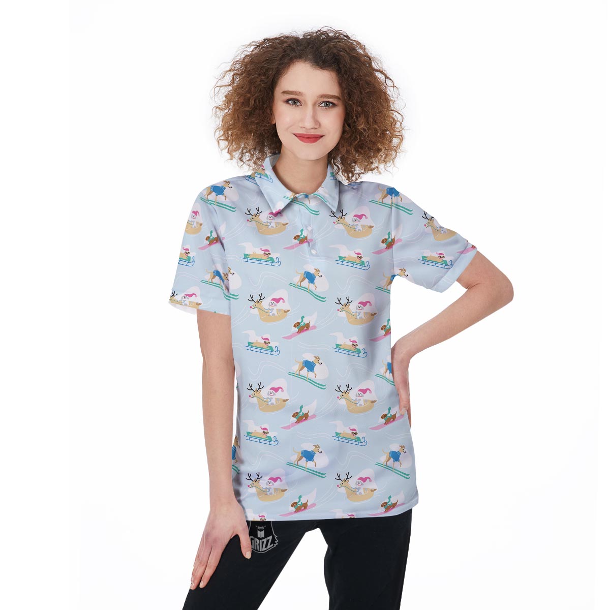 Dog Skiing Print Pattern Women's Golf Shirts-grizzshop
