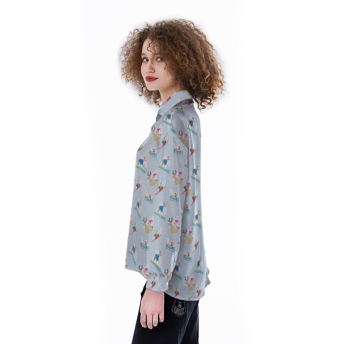 Dog Skiing Print Pattern Women's Long Sleeve Shirts-grizzshop