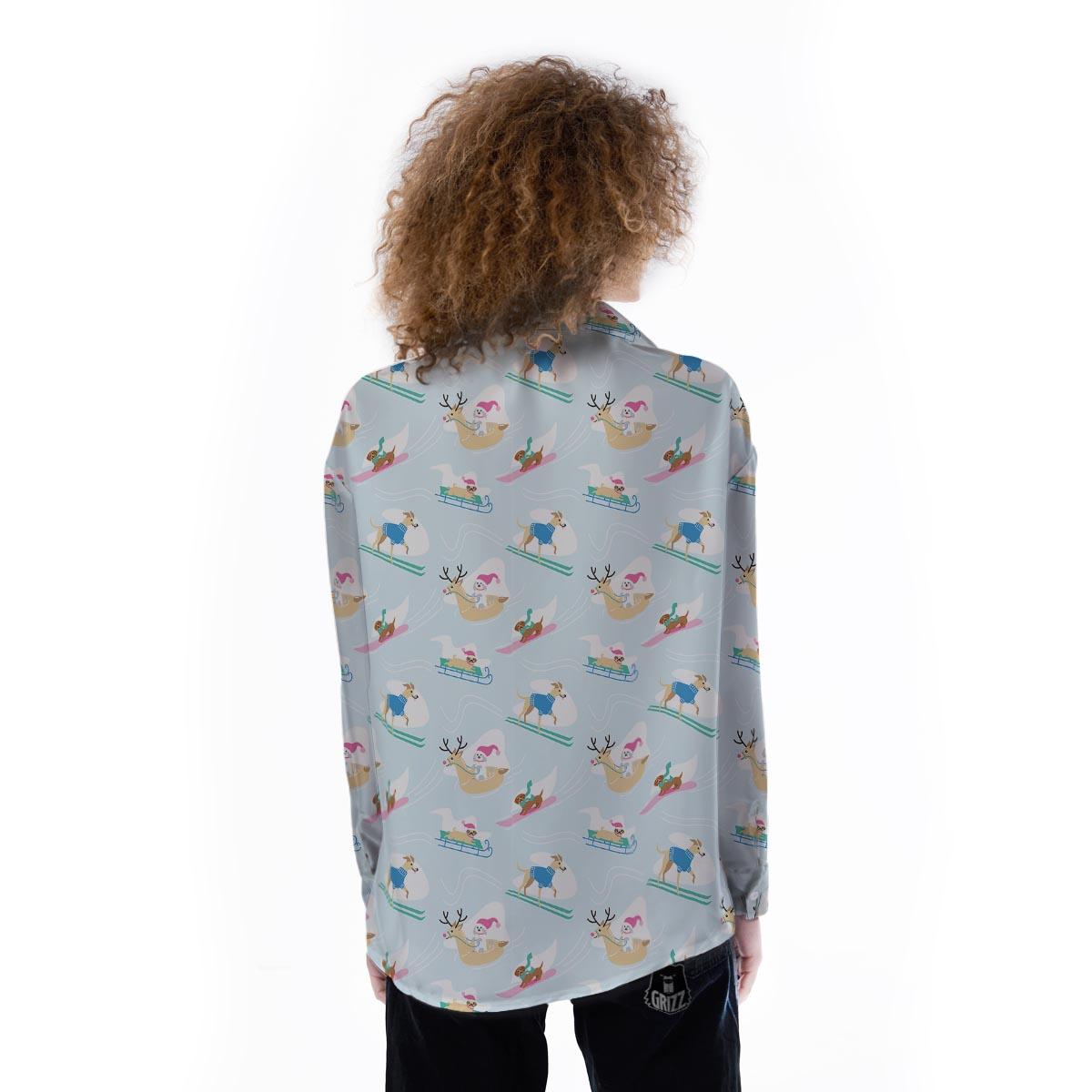 Dog Skiing Print Pattern Women's Long Sleeve Shirts-grizzshop