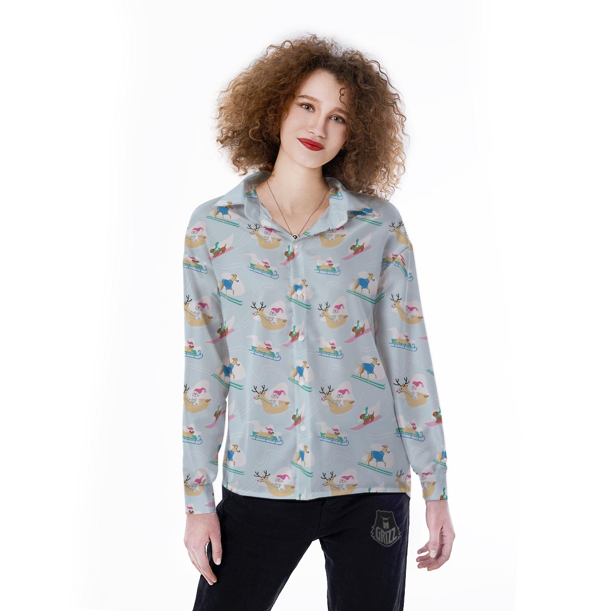 Dog Skiing Print Pattern Women's Long Sleeve Shirts-grizzshop