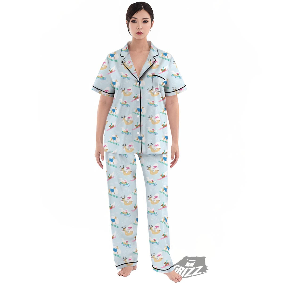 Dog Skiing Print Pattern Women's Pajamas Set-grizzshop