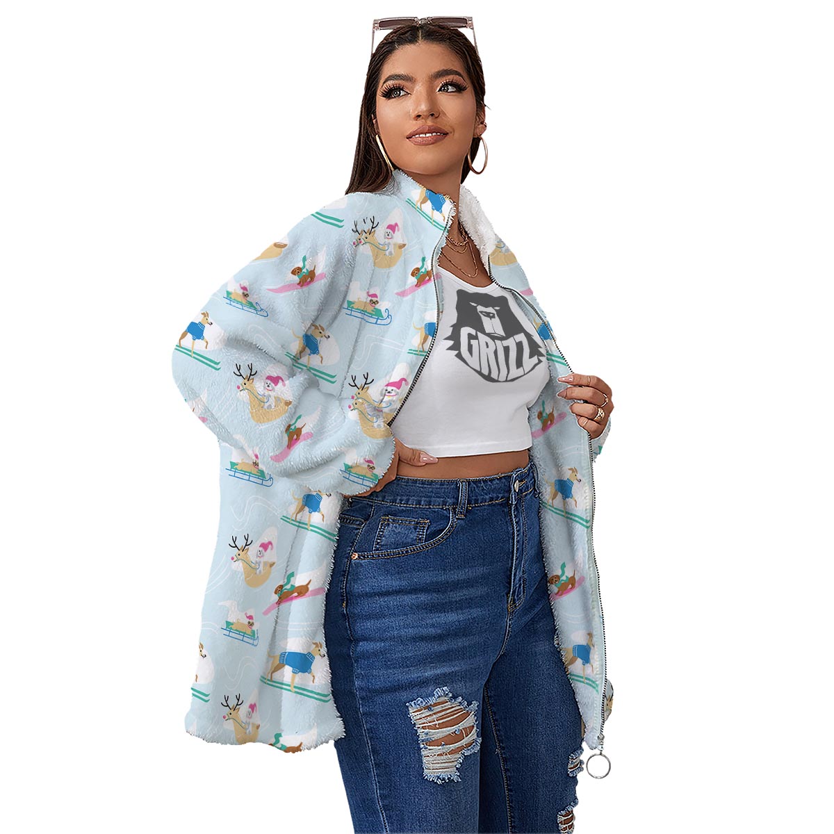 Dog Skiing Print Pattern Women's Sherpa Jacket-grizzshop