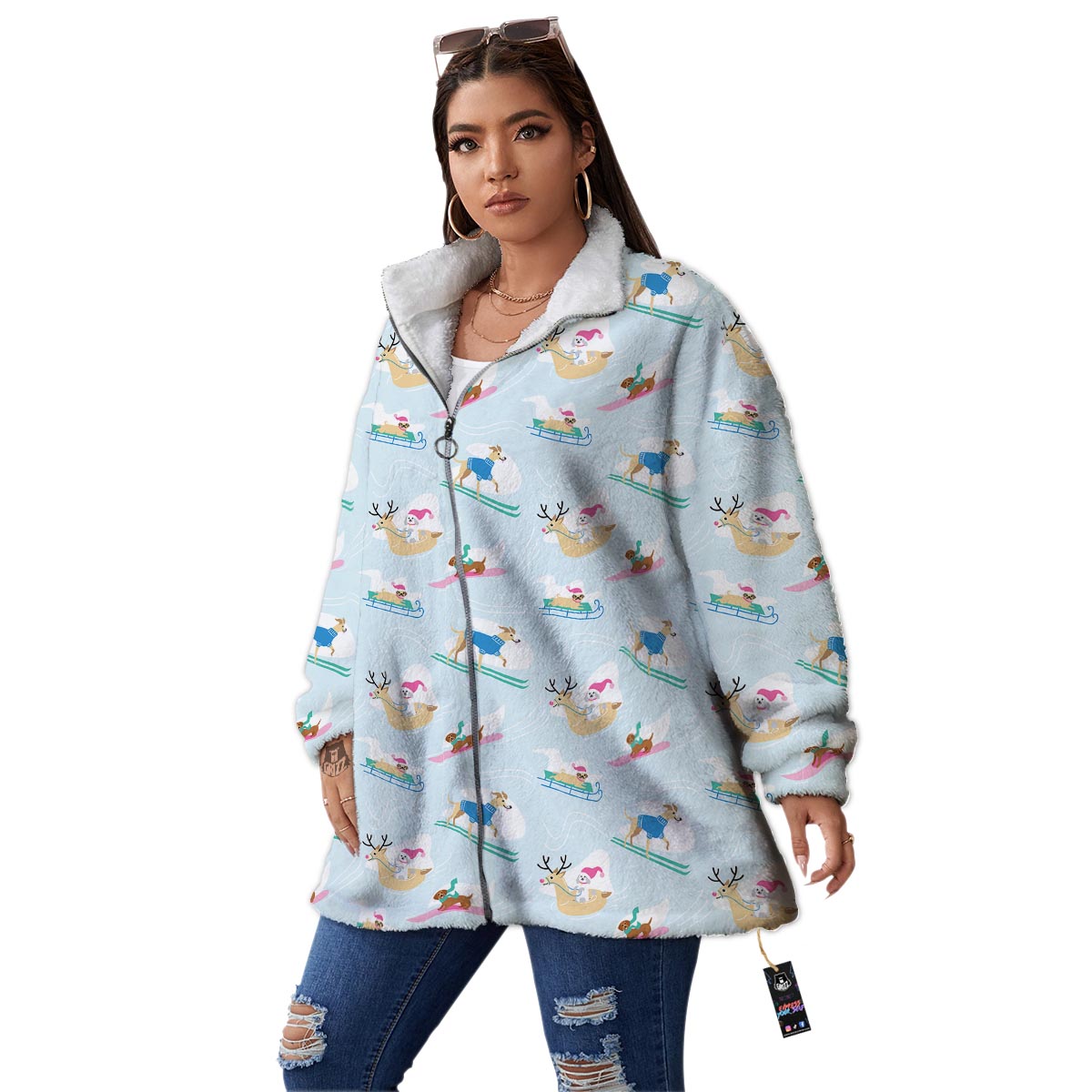 Dog Skiing Print Pattern Women's Sherpa Jacket-grizzshop