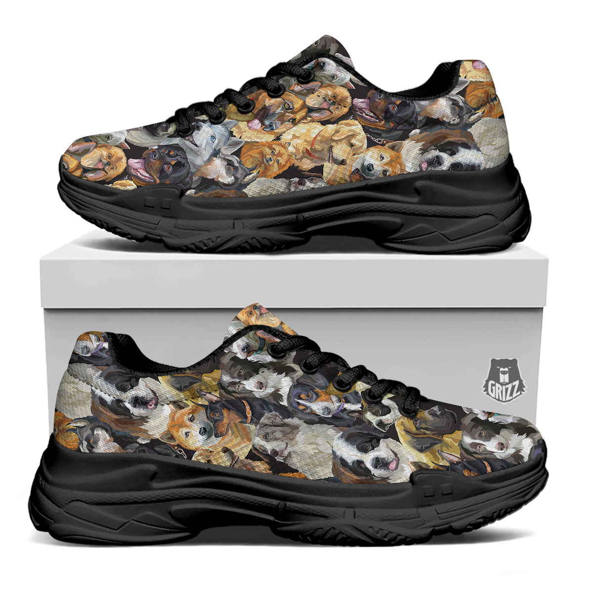 Dogs Breeds Watercolor Print Pattern Black Chunky Shoes-grizzshop