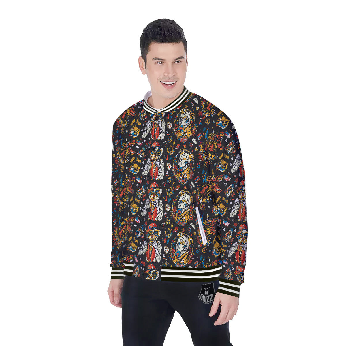 Dogs Old School Tattoo Print Pattern Baseball Jacket-grizzshop