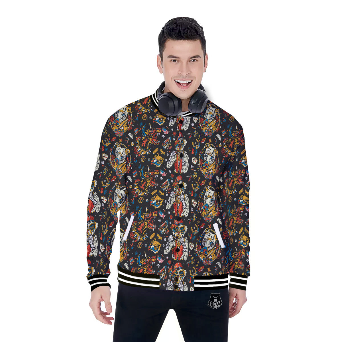 Dogs Old School Tattoo Print Pattern Baseball Jacket-grizzshop