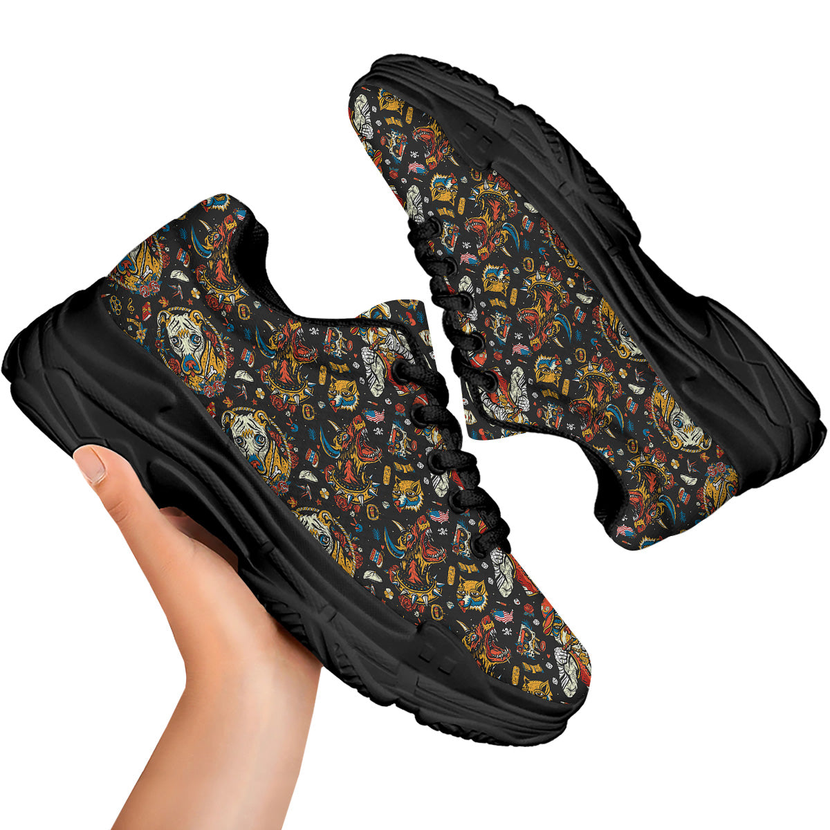 Dogs Old School Tattoo Print Pattern Black Chunky Shoes-grizzshop